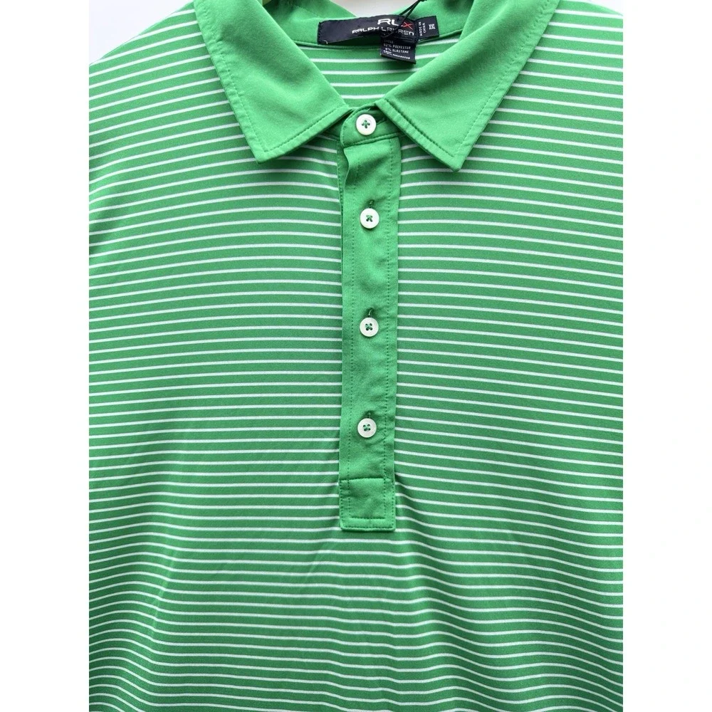 RLX Ralph Lauren Golf Polo Shirt Mens XXL Green White Striped Wicking Pink Logo